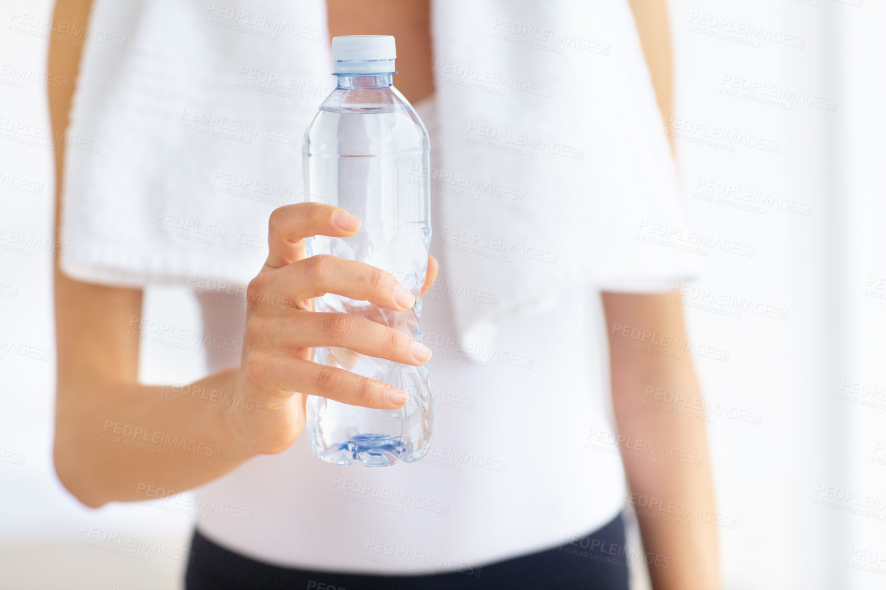 Buy stock photo Water bottle, hands or woman with health, fitness or wellness for hydration after exercise or training. Thirsty sports person, closeup or healthy athlete with liquid or aqua after workout to relax 