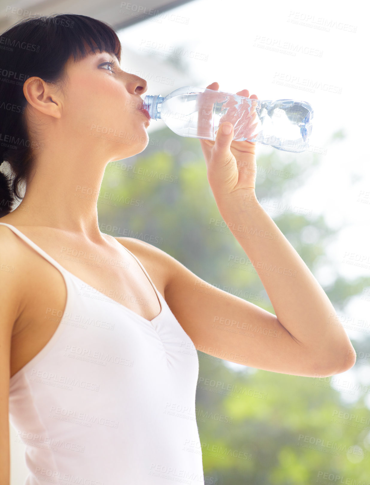 Buy stock photo Drinking water, fitness and woman with health, exercise and lens flare with hydration, wellness and sports. Person, happy girl or athlete with liquid, aqua and workout with training, thirsty or relax
