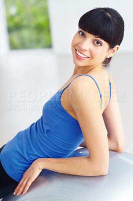 Buy stock photo Exercise ball, pilates portrait and happy woman relax after yoga routine, fitness or wellness workout. Happiness, smile and studio person rest after sports training, aerobics or cardio challenge