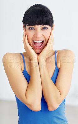 Buy stock photo Happy, excited and portrait of woman in studio with shocked, surprised or omg facial expression. Smile, happiness and young female model with optimistic, wow or wtf face isolated by white background.