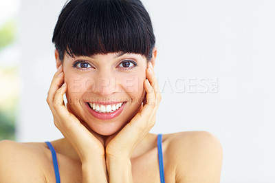 Buy stock photo Happy, excited and portrait of woman with hands on face or shocked, surprised or omg facial expression. Smile, positive and young female model with optimistic, wow or mockup on white background