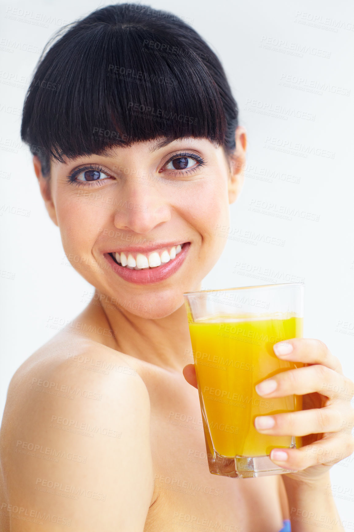 Buy stock photo Orange juice, studio portrait and happy woman with glass drink for hydration, liquid fruit detox or natural weight loss. Vitamin C, organic beverage and face of person thirsty on white background