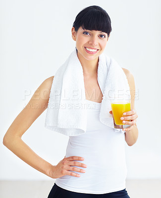 Buy stock photo Orange juice, happy fitness portrait and woman with glass drink for training, workout or exercise hydration. Vitamin C benefits, happiness and thirsty athlete smile for liquid, citrus or beverage