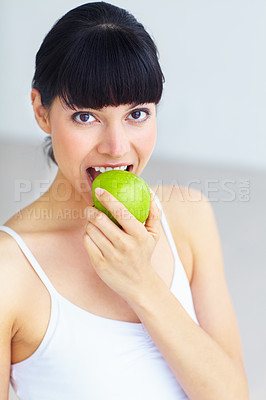 Buy stock photo Apple, eating fruit and portrait of woman with organic product, fiber snack or morning nutrition for healthy balance. Weight loss diet, hungry vegan and face of nutritionist with self care food