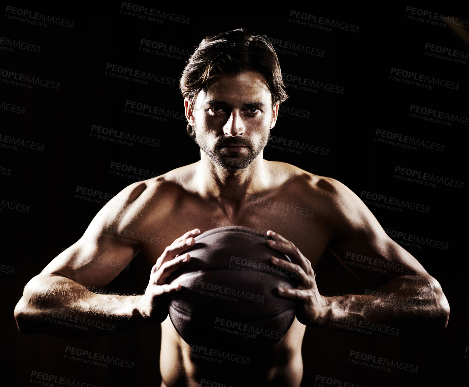 Buy stock photo Muscle, body and portrait of man with basketball in studio isolated on black background. Sports, serious face and strong athlete with ball, abs or workout, fitness or training to exercise for health