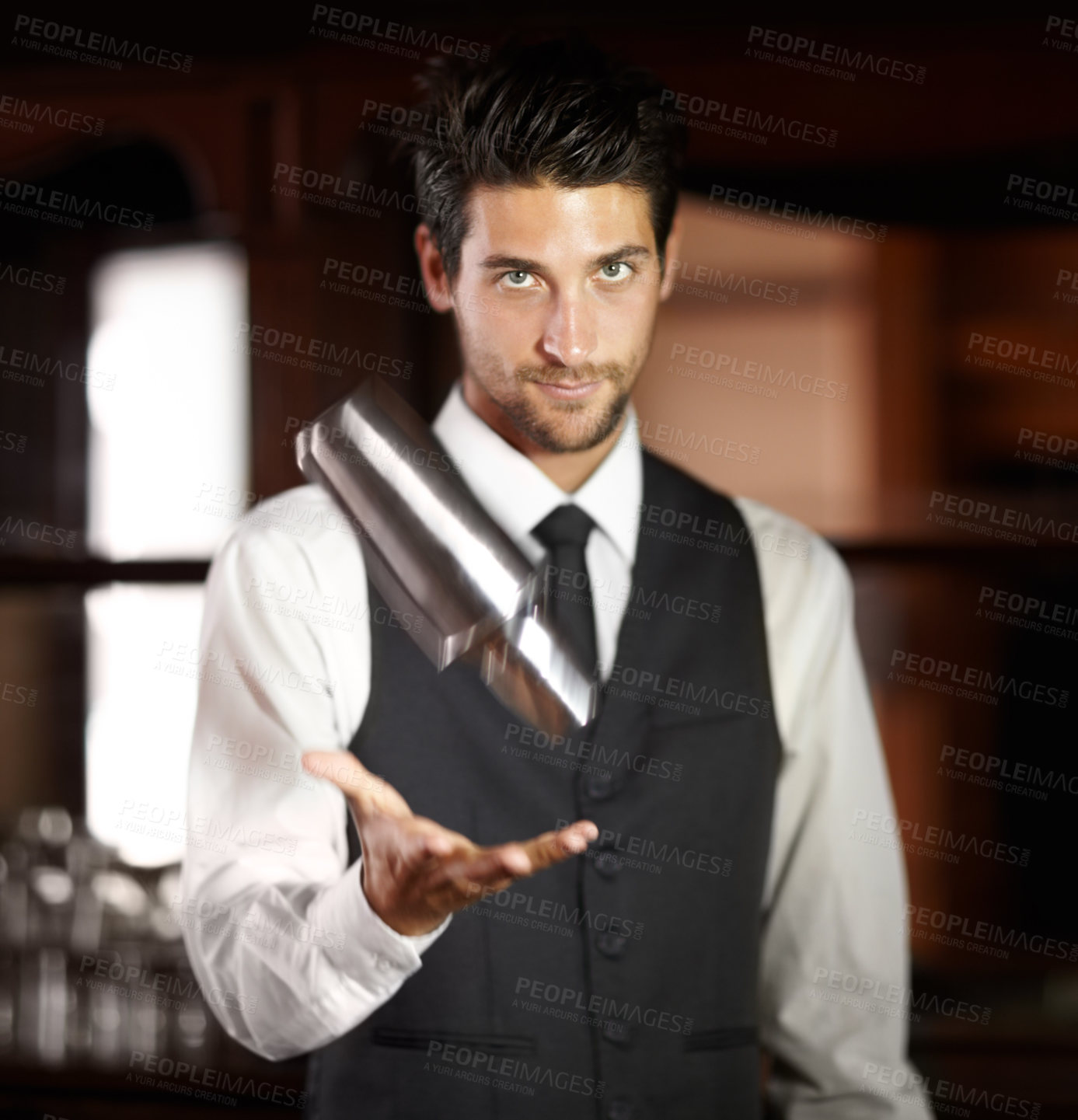 Buy stock photo Portrait, bartender and working at restaurant with cocktail mixer and service to customer at night hotel. Man, mixologist or expert barman with alcohol drink or wine cooler, clients and hospitality