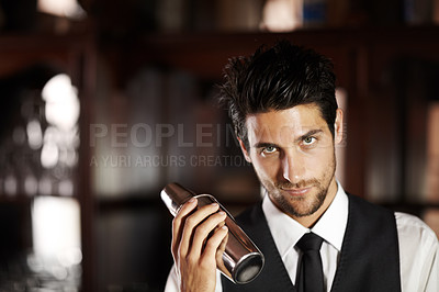 Buy stock photo Shake, cocktail and portrait of bartender with a drink for customer in dark club or night. Mixing, alcohol and face of barman with liquor in metal container or shaker for a strong beverage in a bar