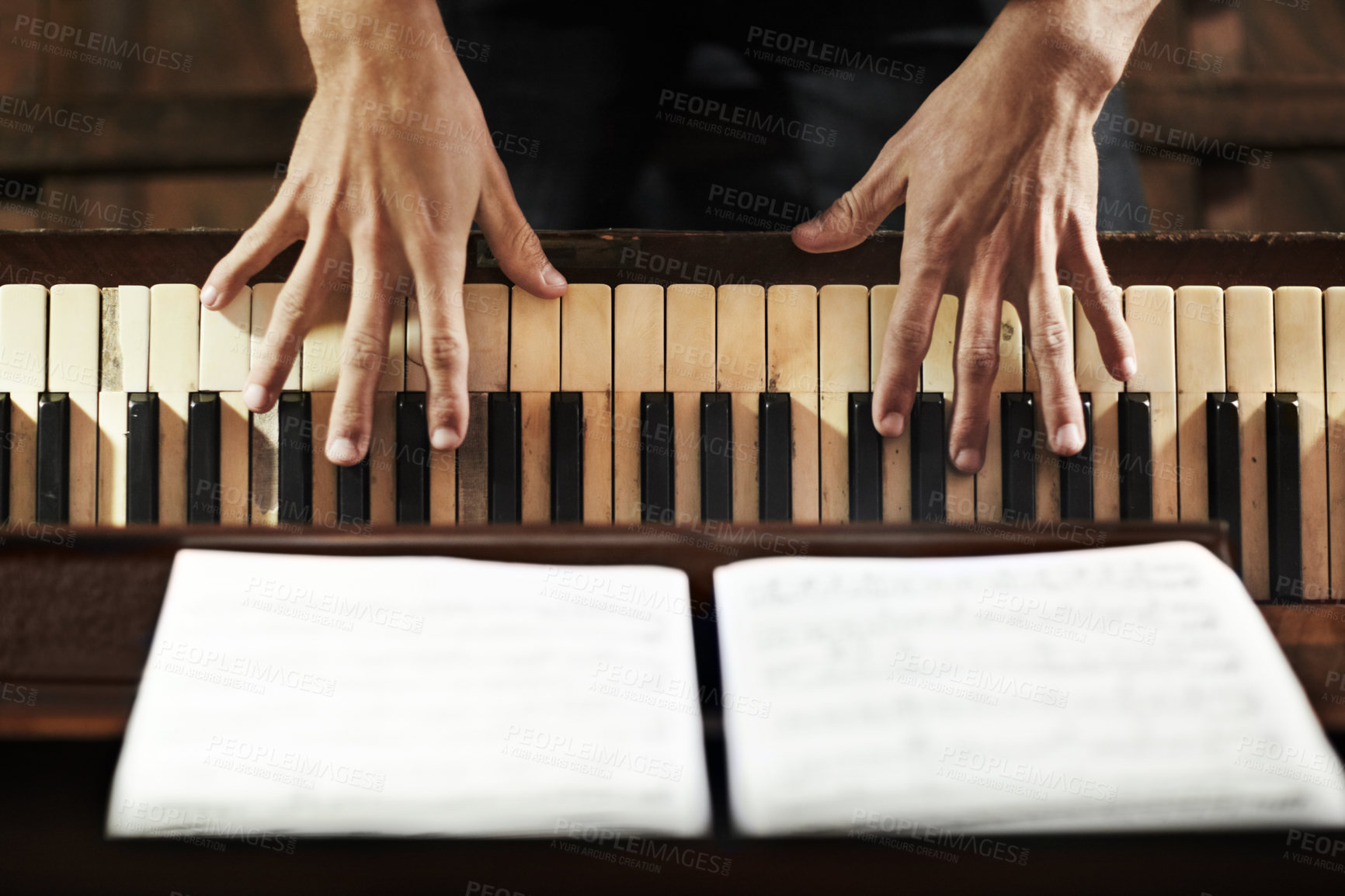 Buy stock photo Paper, hands or artist with piano for music, performance or learning solo for entertainment or sound. Pianist closeup, man or creative musician playing jazz keys or notes on organ in top view 