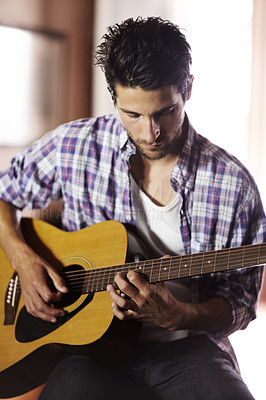 Buy stock photo Guitar, play and man in recording studio with musician writing music with creativity. Artist, talent and skill with playing a notes on instrument, strings and creative sound in jazz or songwriting