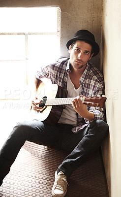 Buy stock photo Guitar, portrait or artist in home for music, performance or entertainment with sound, rhythm or talent. Learning solo, man or creative musician playing an instrument for artistic expression alone 