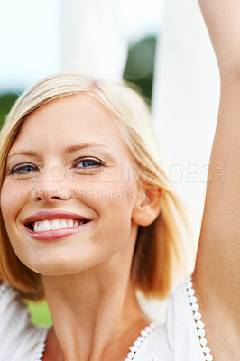 Buy stock photo Happy, woman and portrait freedom outdoor with white cloth or playing in garden or nature. Face, beauty and carefree girl with a smile and happiness from health and wellness in house backyard