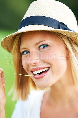 Buy stock photo Woman, portrait and outdoor with wheat in nature for adventure, summer or vacation in grass field. Person, face and happiness in countryside for travel, holiday or scenery with peace, freedom or hat