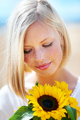 Buy stock photo Nature, freedom and woman with a sunflower on a field for travel, vacation or explore. Calm, face and female person in nature with a flower in countryside for holiday, journey or adventure outdoor