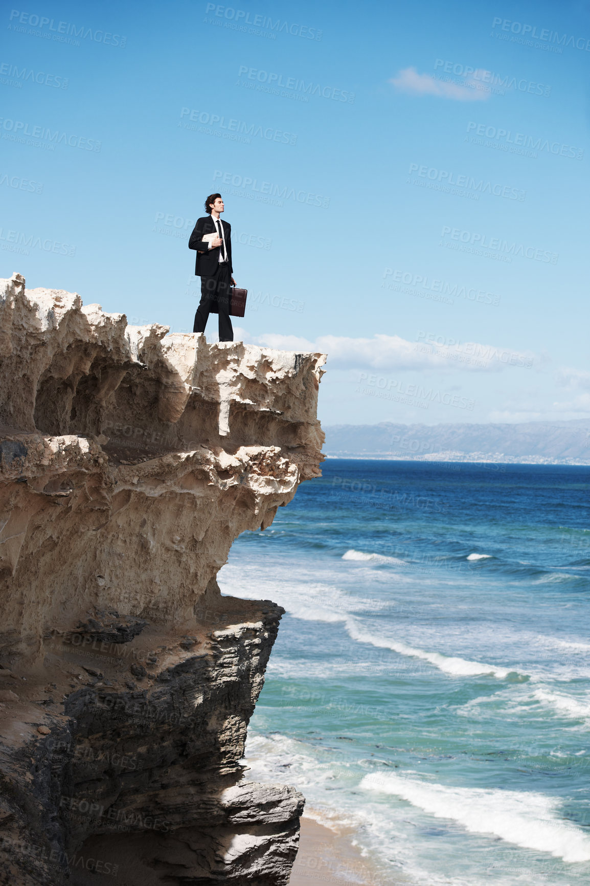 Buy stock photo Thinking, cliff and business man for future, opportunity and career success by ocean looking at view. Professional, mockup and corporate worker on rocks for work challenge, ideas and freedom