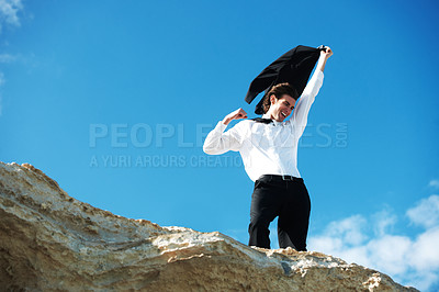 Buy stock photo Cliff, business and man with celebration, excited and victory with holiday, smile and winning with promotion. Person, employee and consultant outdoor, nature and vacation with achievement or travel