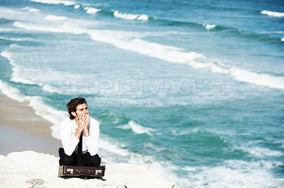 Buy stock photo Thinking, cliff and business man with anxiety for job, career opportunity and work in nature. Professional, mockup and corporate worker on edge with stress, depression and worry for future by ocean