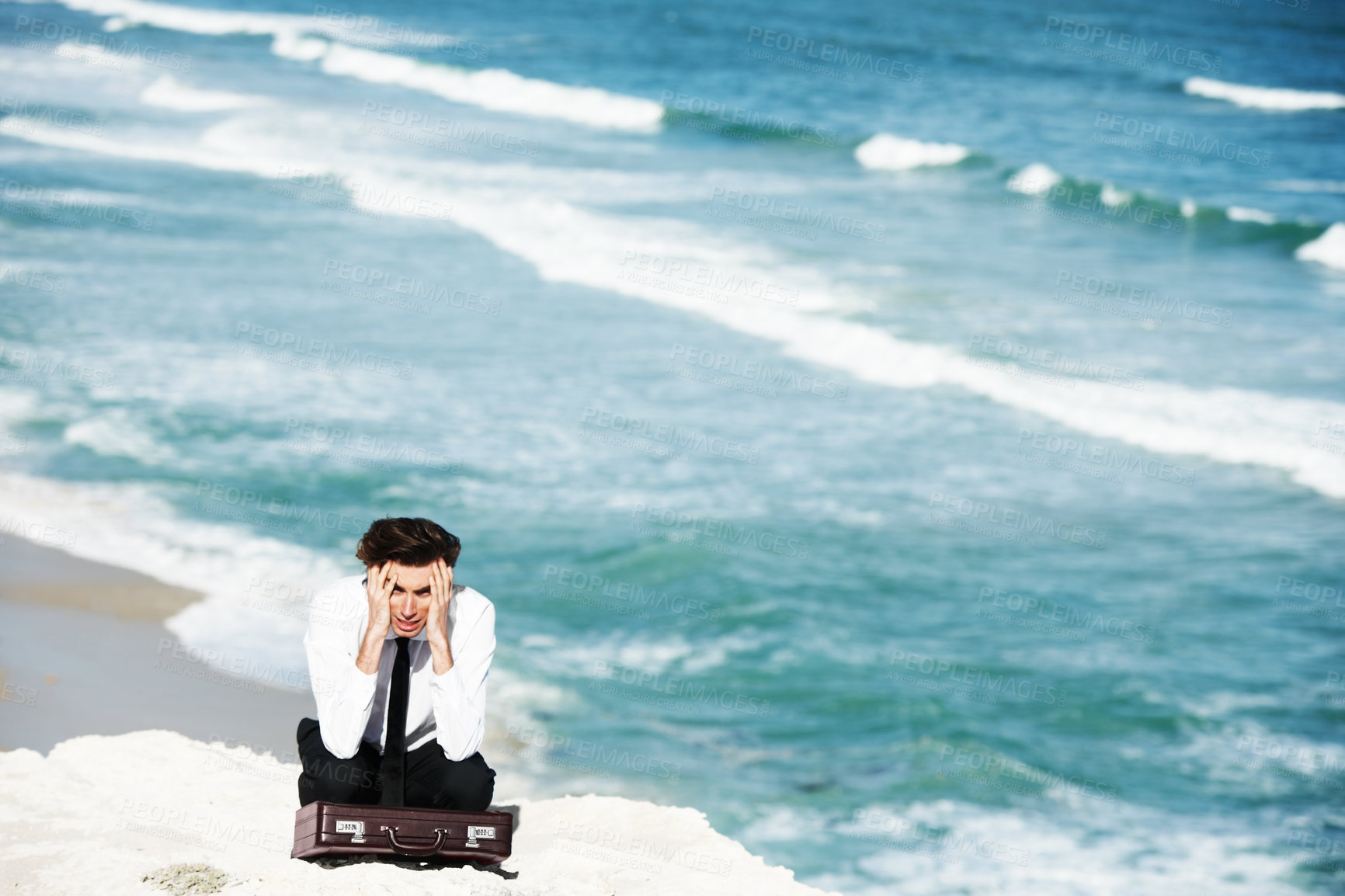 Buy stock photo Thinking, cliff and business man with stress for job, career opportunity and work in nature. Professional, mockup and corporate worker on edge with anxiety, depression and worry for future by ocean