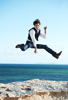 Buy stock photo Portrait, beach and jump with man, excited and promotion with happiness, break and business. Winner, employee and consultant with seaside, ocean and action with celebration and holiday vacation
