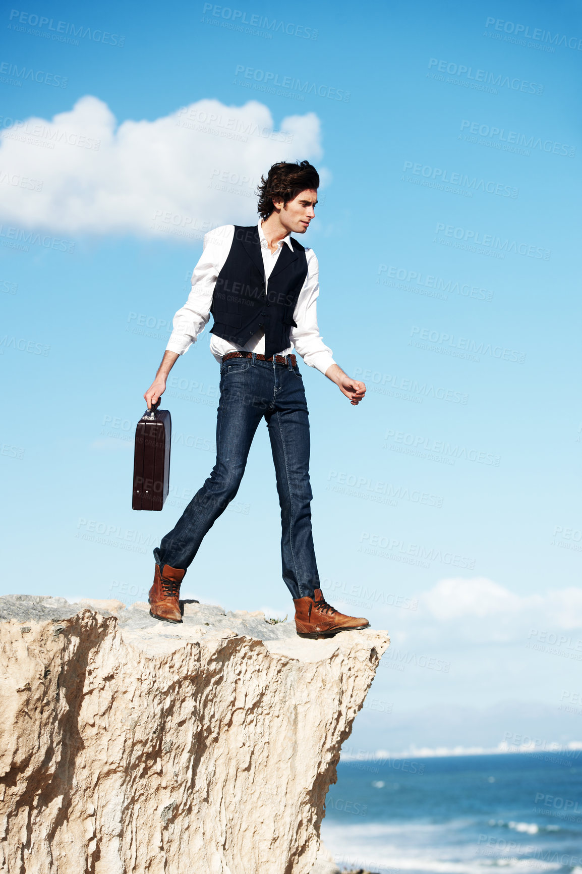 Buy stock photo Businessman, thinking and standing on a cliff by the beach for adrenaline, adventure or a break in nature. Idea, walking and a worker or person on the edge of a rock or mountain at the ocean
