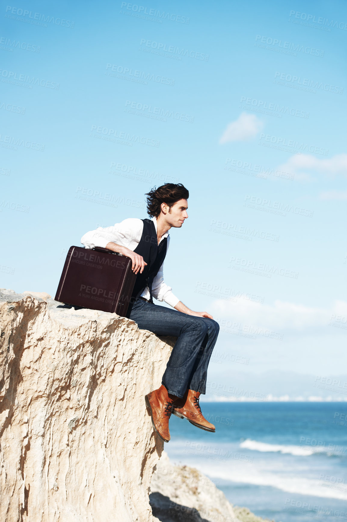 Buy stock photo Thinking, cliff and business man sitting by ocean for freedom, opportunity and career in nature. Professional, mockup and corporate worker on rocks edge for work challenge, ideas and future goals