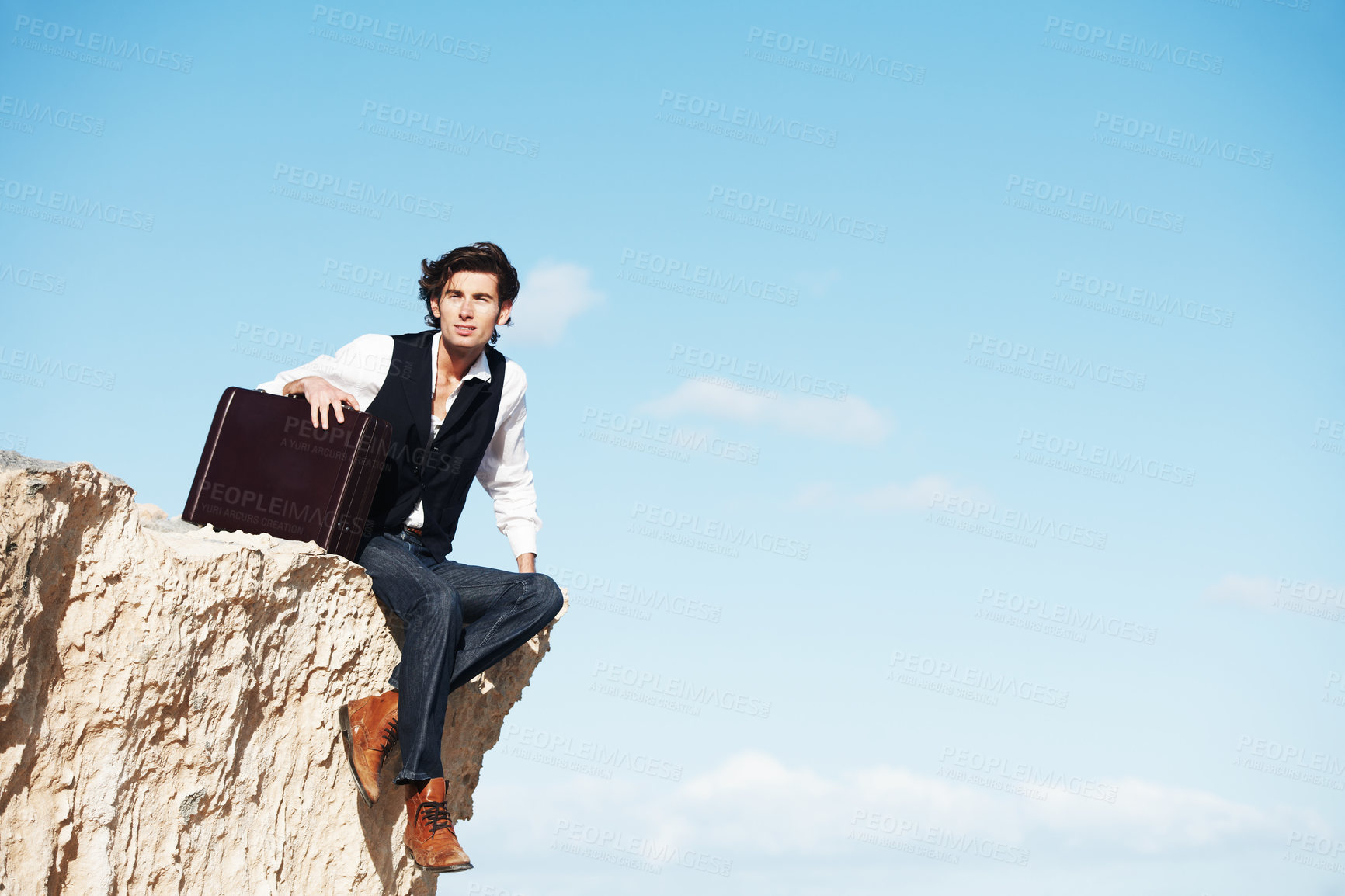 Buy stock photo Freedom, cliff and business man with blue sky for break, holiday and vacation to relax in nature. Professional, mockup and corporate worker on rocks for happy mindset, motivation and happiness