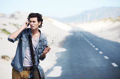 Buy stock photo Man, lost and phone call by road for location, phone taxi and search or transport with doubt. Person, travel and communication with technology for destination guide, street in atlantis with cellphone