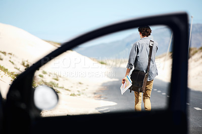 Buy stock photo Lost, man and map for travel in car, journey and driver on a road trip and adventure. Confused, direction and person walking to check location with transport to explore countryside or search guide