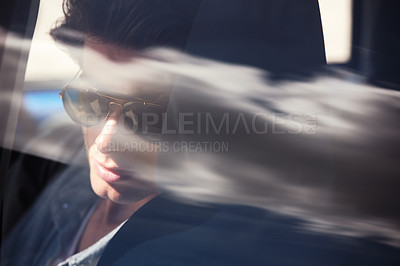 Buy stock photo Travel, man in car in window and journey for adventure with transport and view. Road trip, thinking and male person with windshield on drive, vacation or commute in style or relax on backseat.