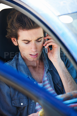 Buy stock photo Phone call, car and young man with communication for weekend trip, vacation or holiday. Serious, vehicle and male person from Canada on mobile conversation for travel, transport and outdoor adventure