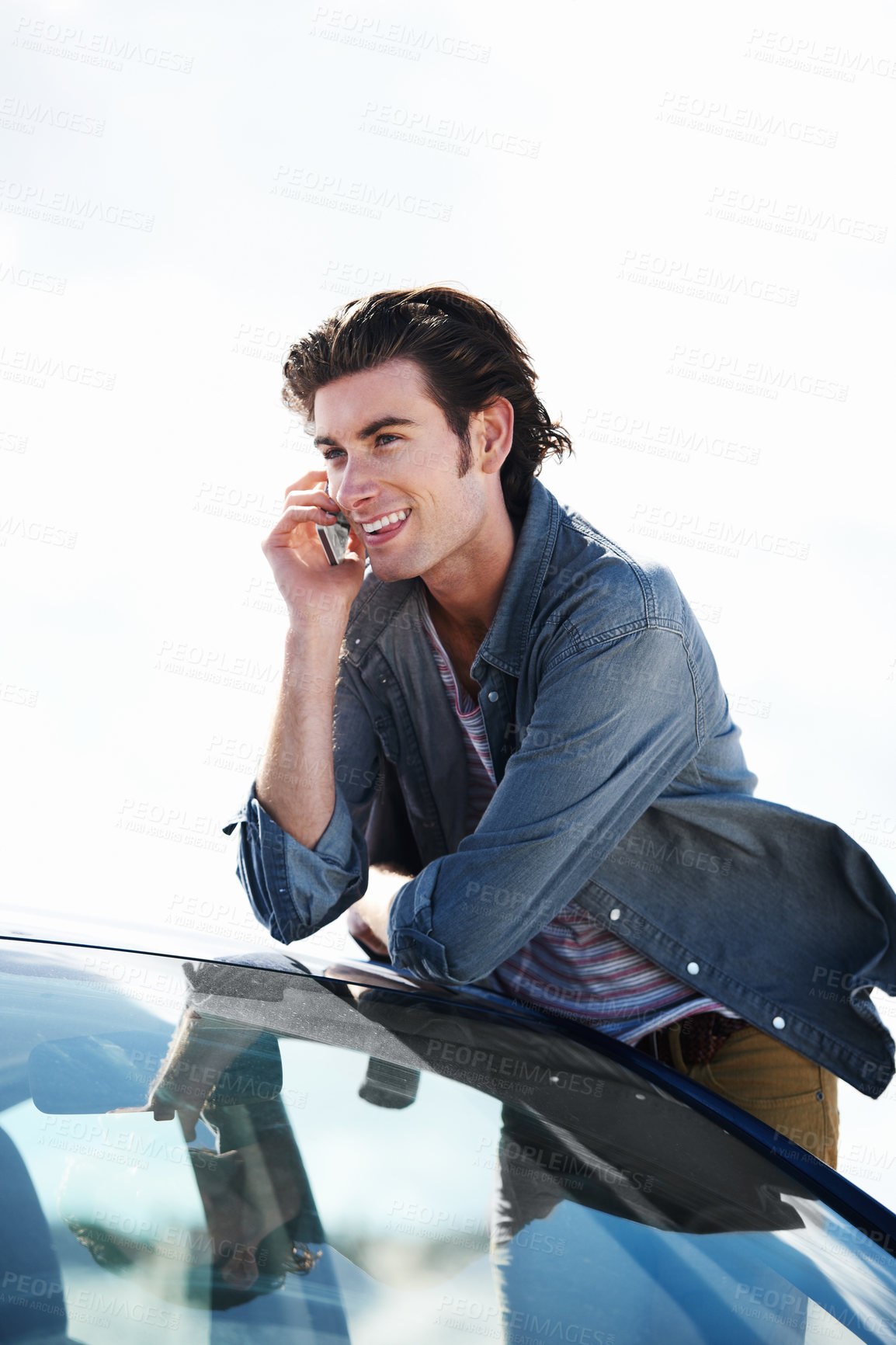 Buy stock photo Phone call, car and young man with smile for weekend trip, vacation or holiday in countryside. Happy, vehicle and male person from Canada on mobile conversation for travel, transport and adventure.