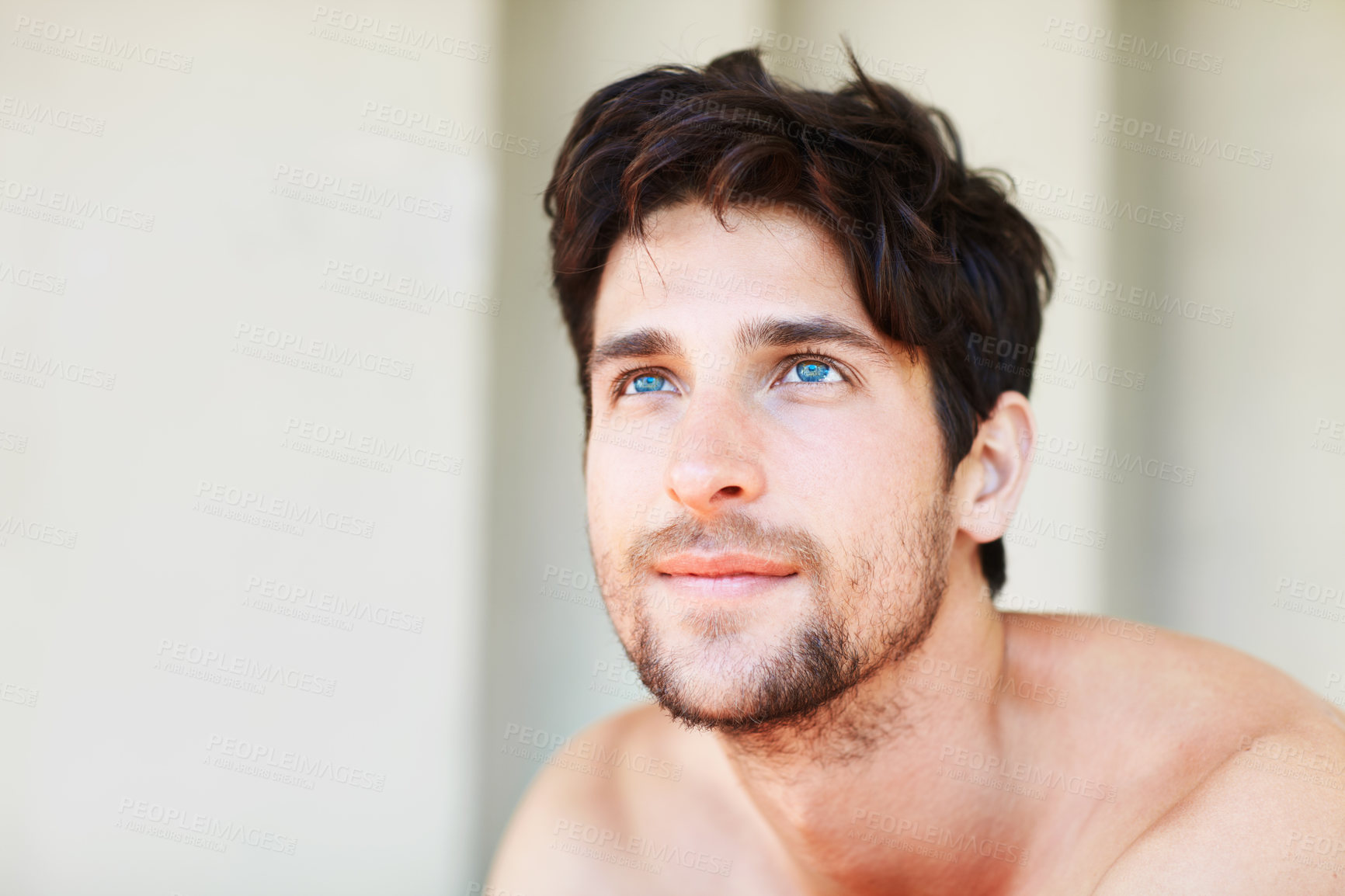 Buy stock photo Ideas, beauty and man with skincare, thinking or dermatology with thoughts, wonder or grooming. Male person, decision or guy with opportunity, cosmetics or mockup with self care, treatment or routine