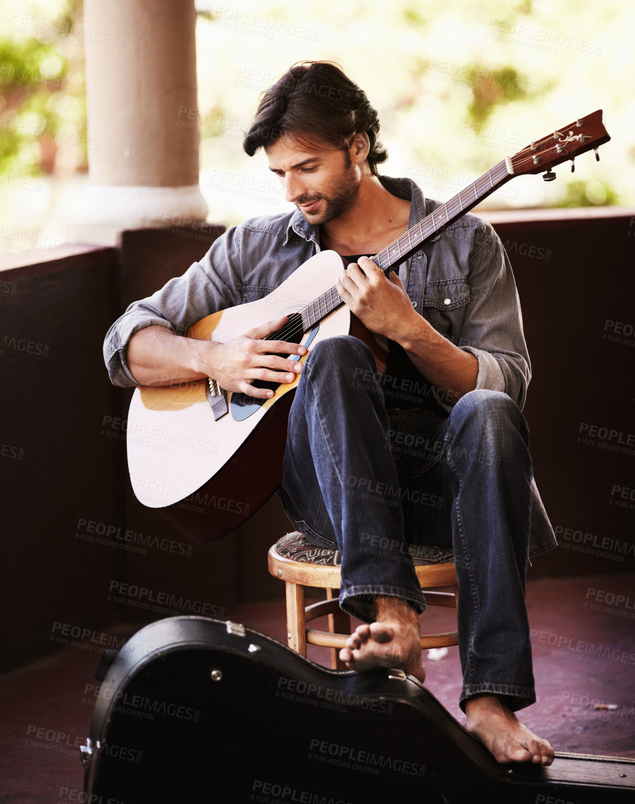 Buy stock photo Music, art and man playing guitar with musical talent for practice for a performance or concert. Performer, outdoor and male musician, guitarist or artist performing a song on a string instrument.