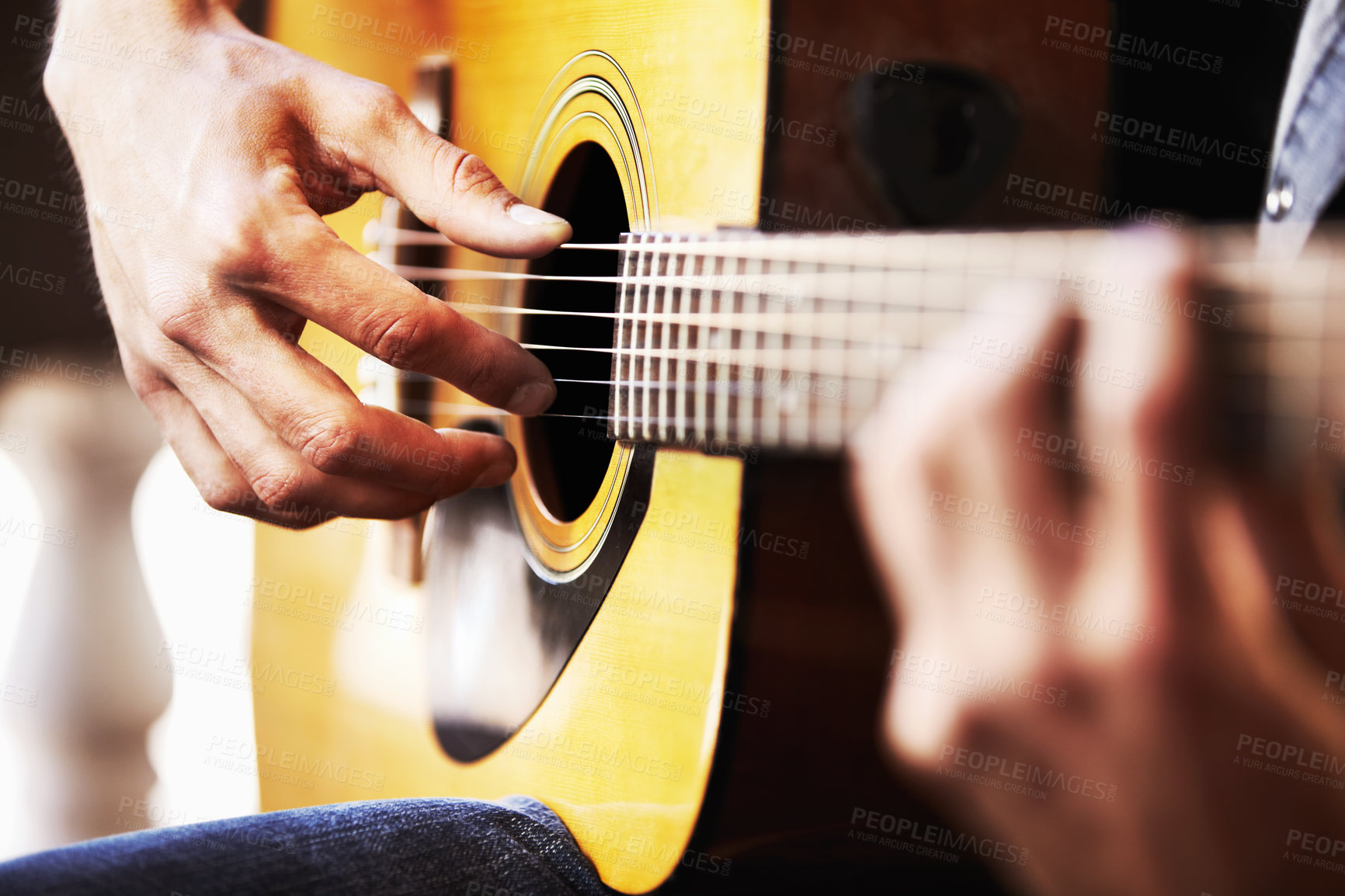 Buy stock photo Closeup, hands or man with a guitar, musician and creative with sounds, training and practice for performance. Zoom, male performer or artist with string instrument and professional guitarist playing
