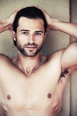 Buy stock photo Chest, portrait and man in a bathroom for beauty, wellness or cosmetic treatment on wall background. Face, confident and guy model with dermatology, body care or shower routine results satisfaction