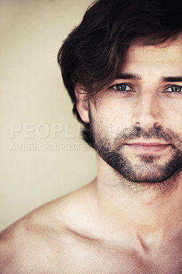 Buy stock photo Skincare, portrait and man in studio for beauty, wellness or cosmetic treatment on wall background. Face, confident and guy model with dermatology, facial hair or grooming routine result satisfaction