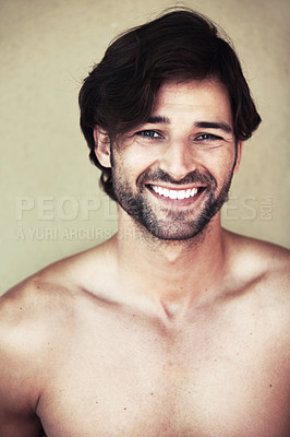 Buy stock photo Skincare, portrait and happy man in studio for beauty, wellness or cosmetic treatment on wall background. Face, smile and model with dermatology, facial hair or grooming routine result satisfaction