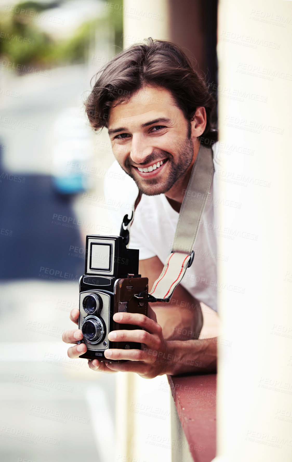 Buy stock photo Portrait, man and photographer with a camera, city and smile with vacation, travel and tourism. Face, person and guy with equipment, summer holiday and Italy with photograph, capture moment and relax