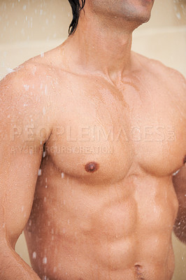 Buy stock photo Shower, body and man with water for cleaning, washing  and grooming for healthy skin. Beauty, spa treatment and torso of person with splash for hygiene, wellness and skincare hydration and cleanse