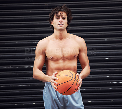 Buy stock photo Basketball, fitness portrait and sports man ready for workout, exercise or practice for cardio wellness. Shirtless player, athlete or strong person training for game, match or tournament challenge