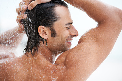 Buy stock photo Shower, happy and man with water for cleaning, washing hair and grooming for healthy skin. Beauty, spa treatment and person smile with splash for hygiene, wellness and skincare hydration and cleanse