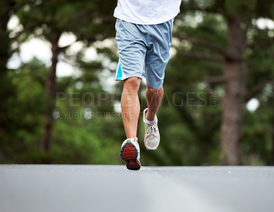 Buy stock photo Running, man and workout for fitness, road and outdoor exercise to train for marathon. Male person, shoes and performance challenge in street, growth and development for health in sportswear