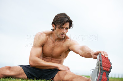 Buy stock photo Fitness, stretching and man on grass for workout, summer sports and wellness in outdoor training. Exercise, warm up for legs and shirtless athlete on lawn for health, muscle and body care commitment.