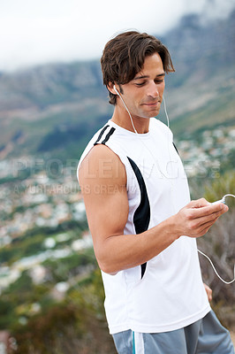 Buy stock photo Fitness, man and listening to music on run, smile and laughing for funny podcast, audio and sound. Happy male athlete, earphones and hearing a song, inspirational playlist for workout or exercise