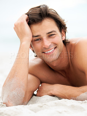Buy stock photo Man, portrait and beach relax in sand holiday summer break, vacation fun or sea smile. Male person, happy or peace at ocean for fresh air tourism or travel destination, confident or tropical sunshine