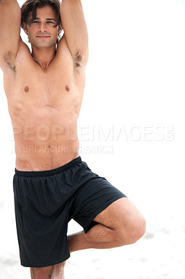 Buy stock photo Man, portrait and balance leg or yoga outdoor for wellness zen, summer relax or peace training. Male person, happy or active health for spiritual practice or stretching in fresh air, body pose or sun