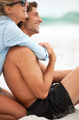 Buy stock photo Couple, happy and sitting sand or beach hug closeup summer relax, outdoor holiday or romance vacation. Man, woman and ocean air embrace for connection love, trust together or peace as sunshine lovers