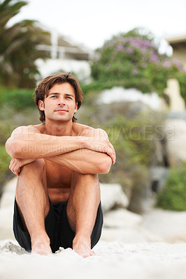 Buy stock photo Man, thinking and sitting on beach sand relax vacation, sunshine holiday or tropical ocean trip. Male person, calm face and sea fresh air or summer outdoor swimwear, travel scenery or barefoot shore