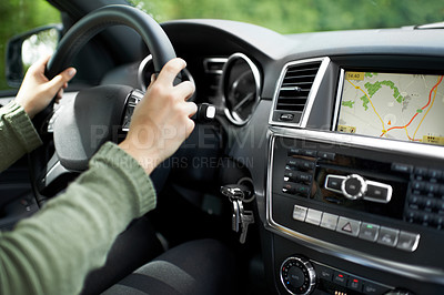 Buy stock photo Hands, car interior and digital map on dashboard screen, travel and road trip with person driving and transportation. Navigation, automobile and technology with network, journey and adventure 