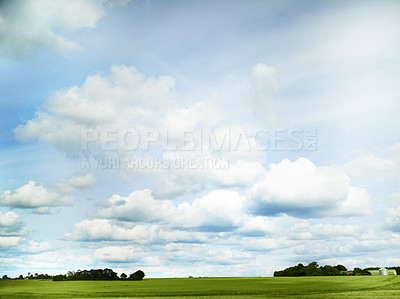 Buy stock photo Blue sky, clouds and nature, countryside and landscape with sun, environment and elements. Atmosphere, texture and Earth with day time, cloudy weather and outdoor with peace, field and background