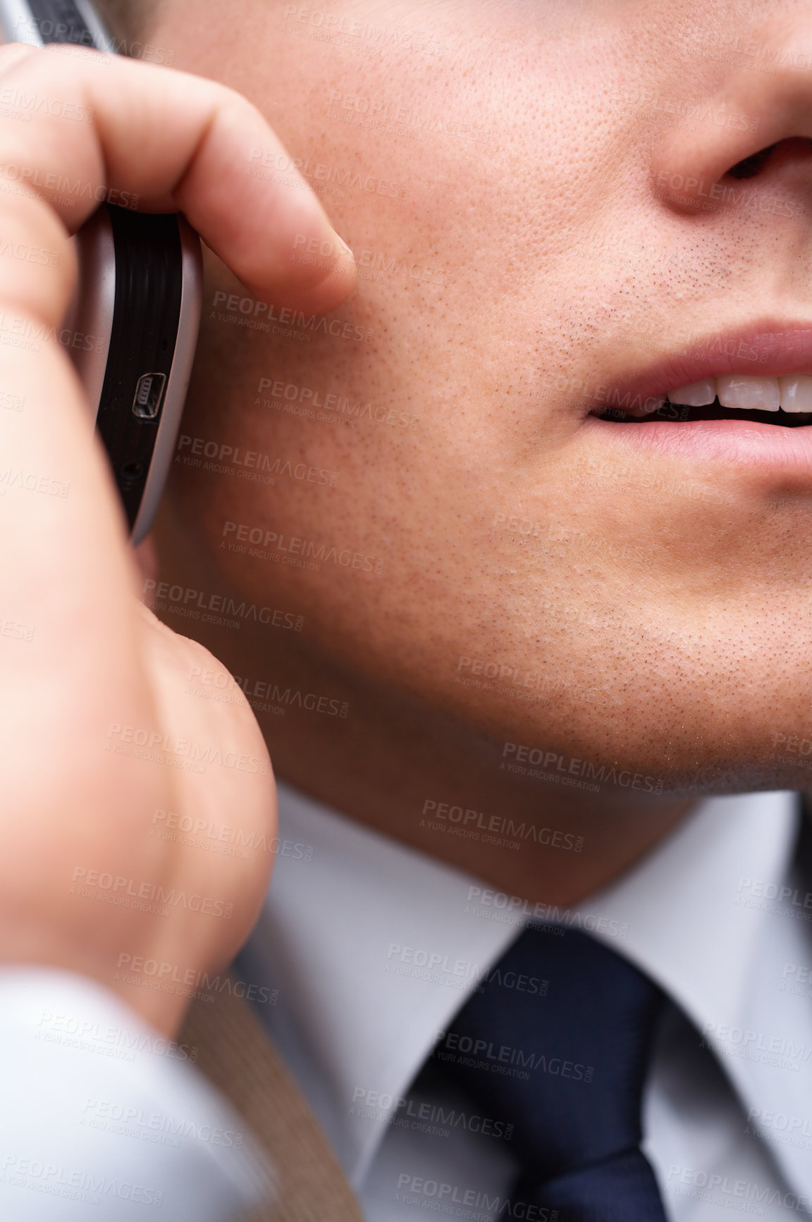 Buy stock photo Phone call, mouth and a business man talking closeup for communication, networking or negotiation. Hand, mobile and conversation with a corporate employee chatting or speaking on a smartphone